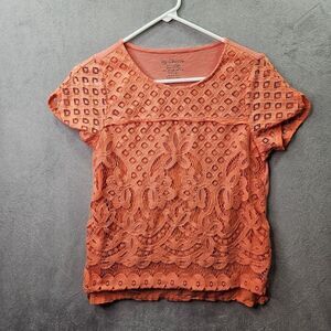 Chicos Lace Front Blouse Womens Size 0 Orange Short Sleeve Casual Knit Mesh Top